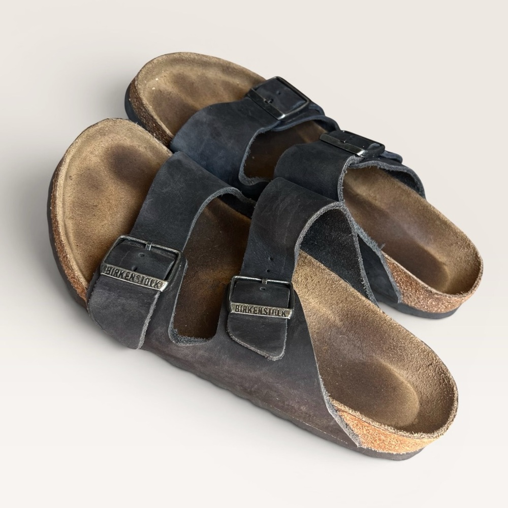 Birkenstock Arizona Black Leather Sandals Size 8 Double Strap Buckle Slides - Picture 7 of 10
